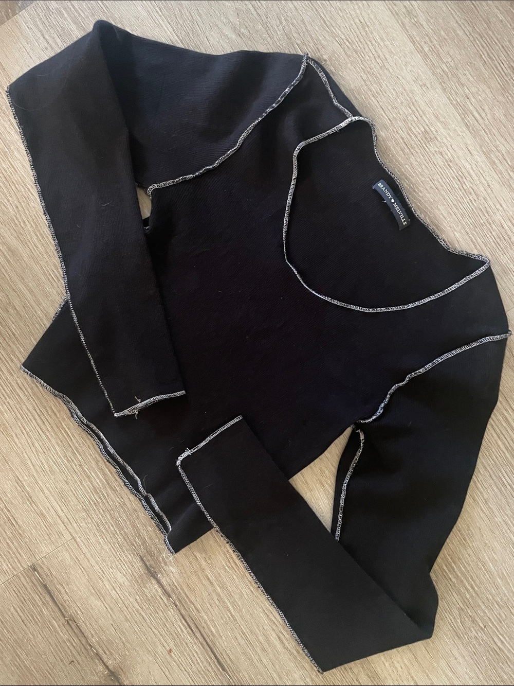 Brandy Melville Black Long Sleeve Top with White Contrast Stitching